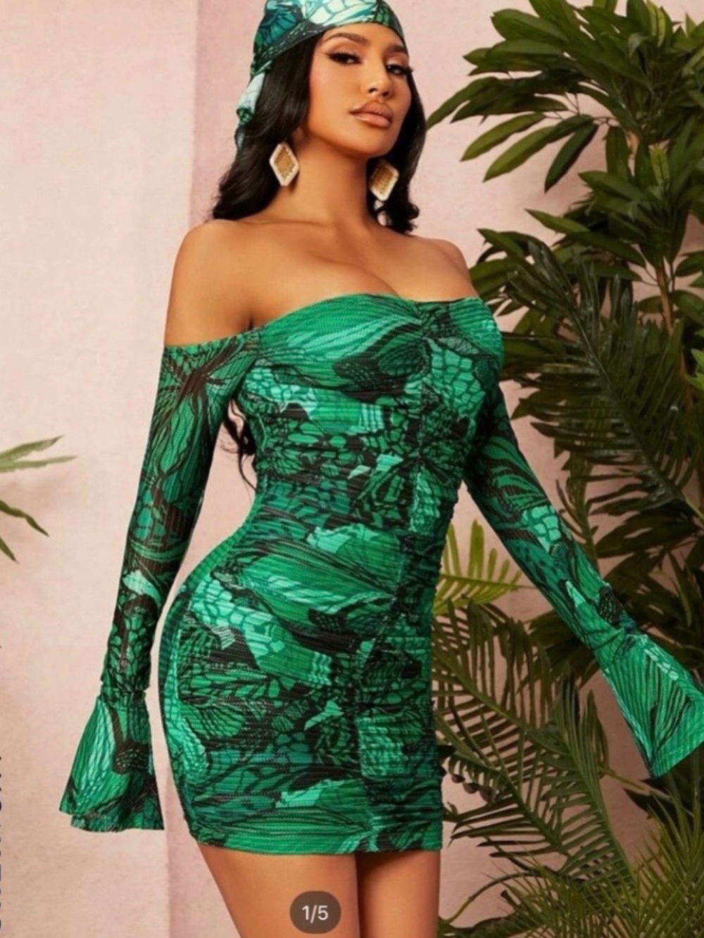 SHEIN Off-Shoulder Long Sleeve Green Printed Ruched Bodycon Mini Dress Size M